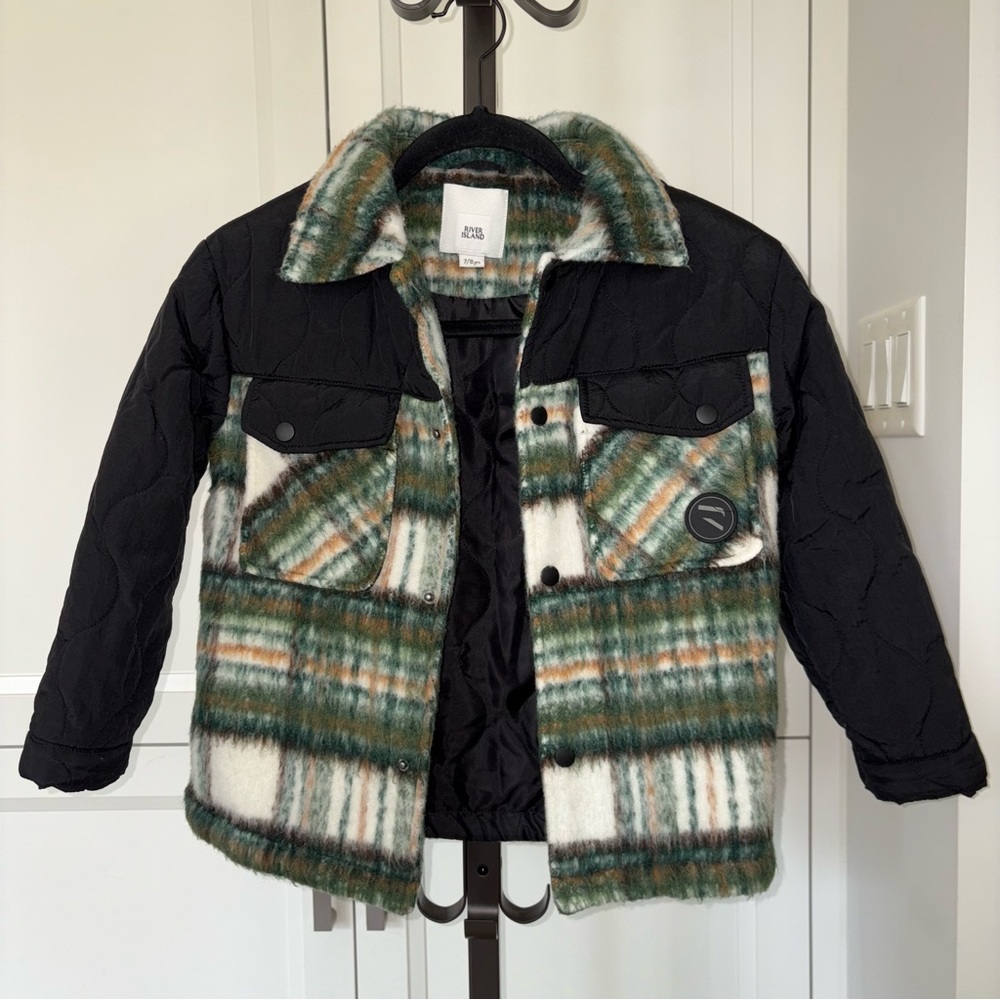 River Island Boys Green Plaid Quilted Jacket Coat Size 8 Medium Snap Front Prep